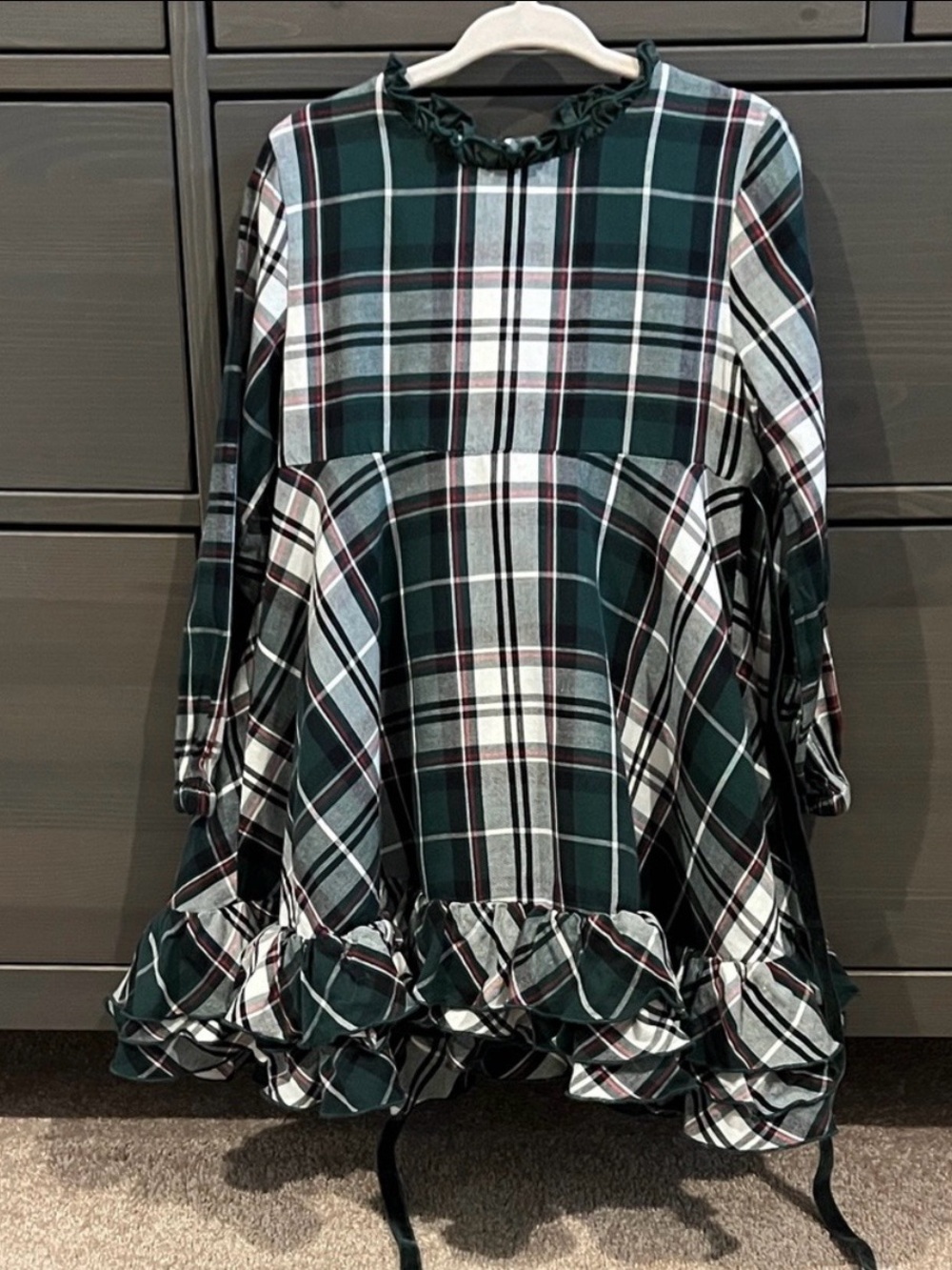 SweetHoney Dark Green and White Plaid Ruffle Hem Holiday Dress